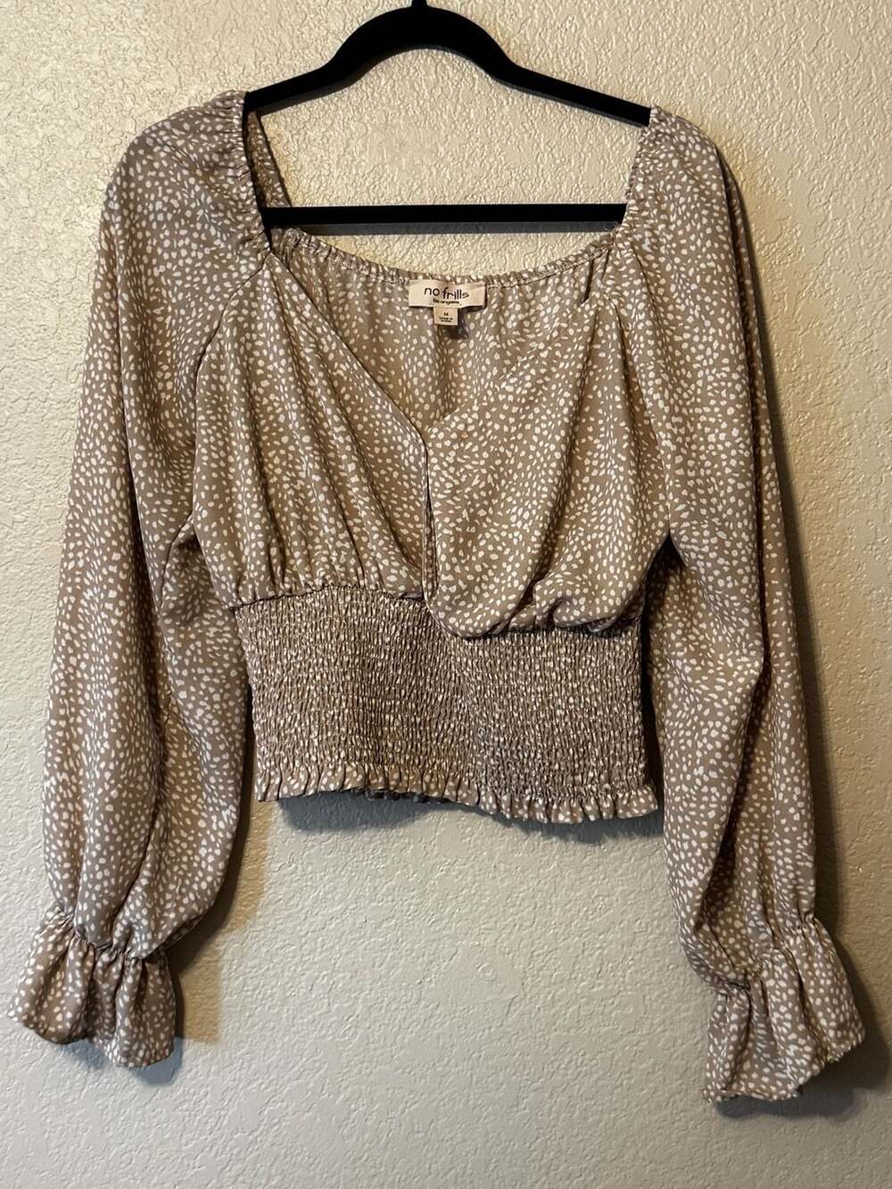 No Frills Los Angeles Women's Long Sleeve Smocked Waist Dotted Crop Top